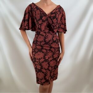Vintage 60s handmade floral dress rust flounce bodycon small